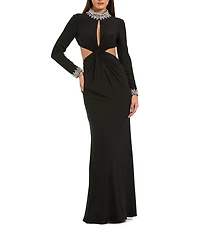 Mac Duggal Long Sleeve Mock Neck Beaded Jersey Cut Out Gown