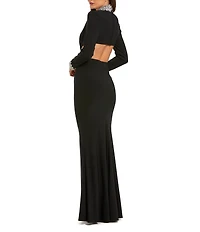 Mac Duggal Long Sleeve Mock Neck Beaded Jersey Cut Out Gown