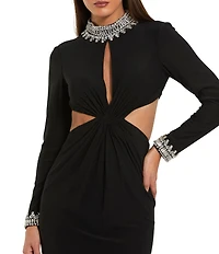 Mac Duggal Long Sleeve Mock Neck Beaded Jersey Cut Out Gown
