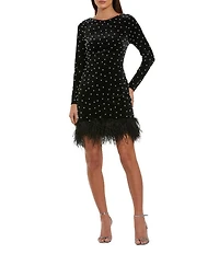 Mac Duggal Long Sleeve Pearl Velvet Mini Dress With Feather Trim