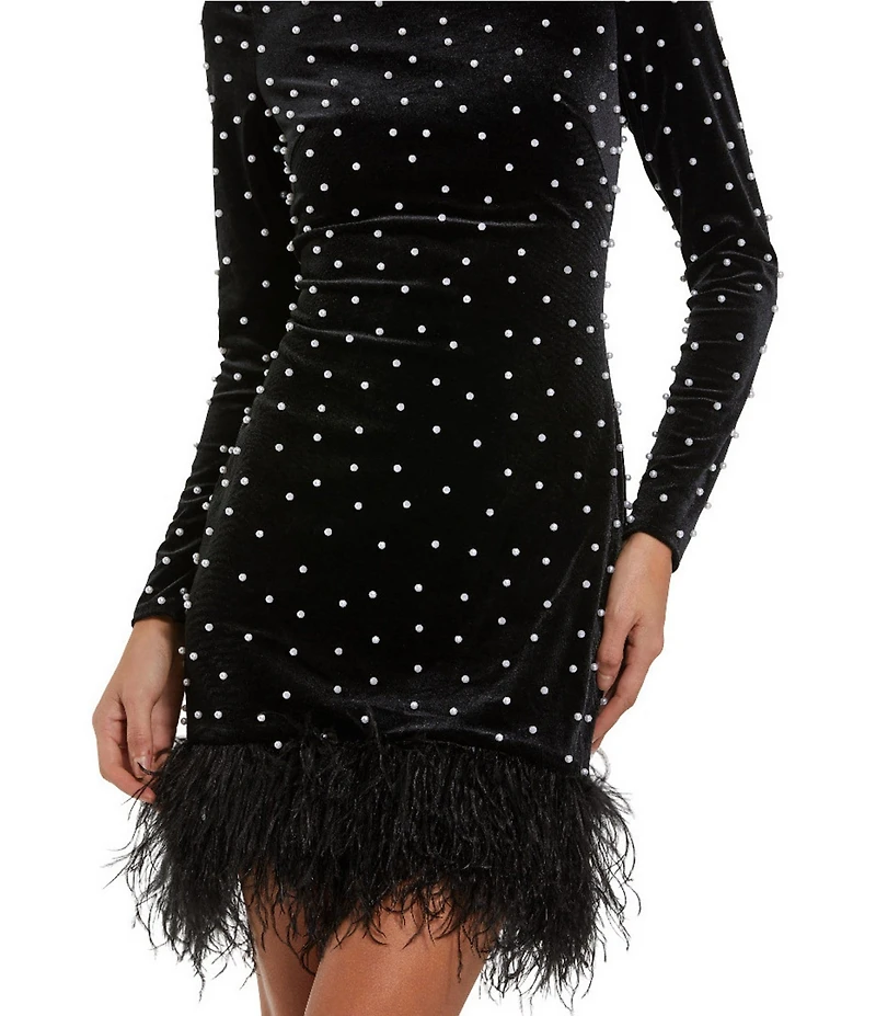 Mac Duggal Long Sleeve Pearl Velvet Mini Dress With Feather Trim