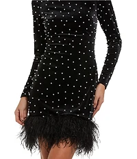 Mac Duggal Long Sleeve Pearl Velvet Mini Dress With Feather Trim