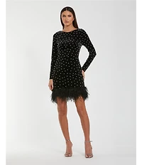 Mac Duggal Long Sleeve Pearl Velvet Mini Dress With Feather Trim