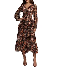 Mac Duggal Long Sleeve Printed Micro Ruffle A Line Dress