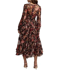 Mac Duggal Long Sleeve Printed Micro Ruffle A Line Dress