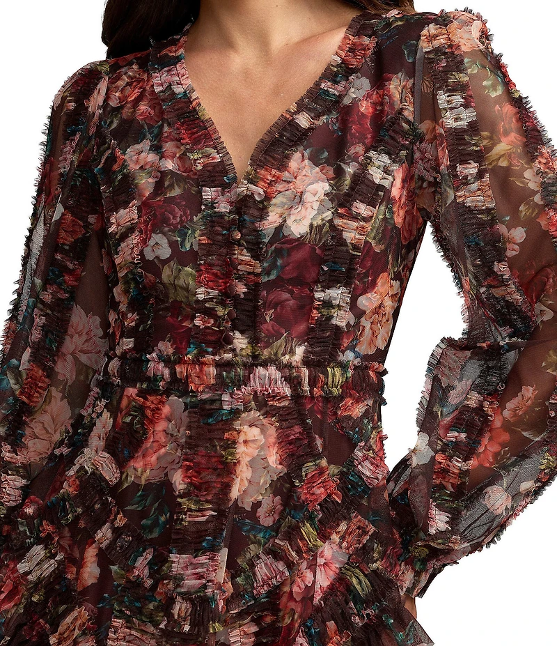 Mac Duggal Long Sleeve Printed Micro Ruffle A Line Dress