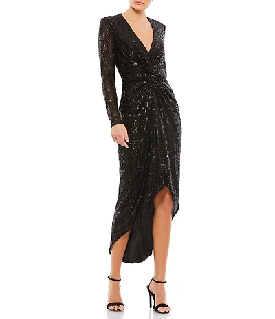 Mac Duggal Long Sleeve Sequin Hi Low Front Twist Dress