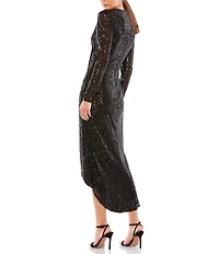 Mac Duggal Long Sleeve Sequin Hi Low Front Twist Dress