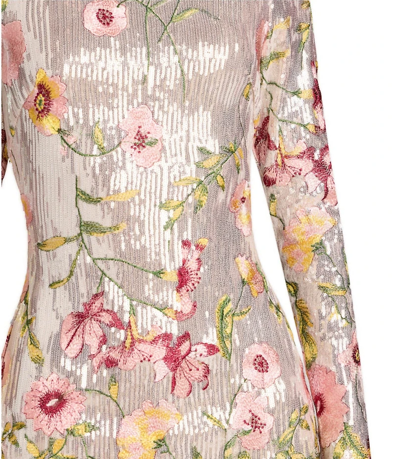 Mac Duggal Long Sleeve Sequin Mesh Floral Embroidered Mini Dress