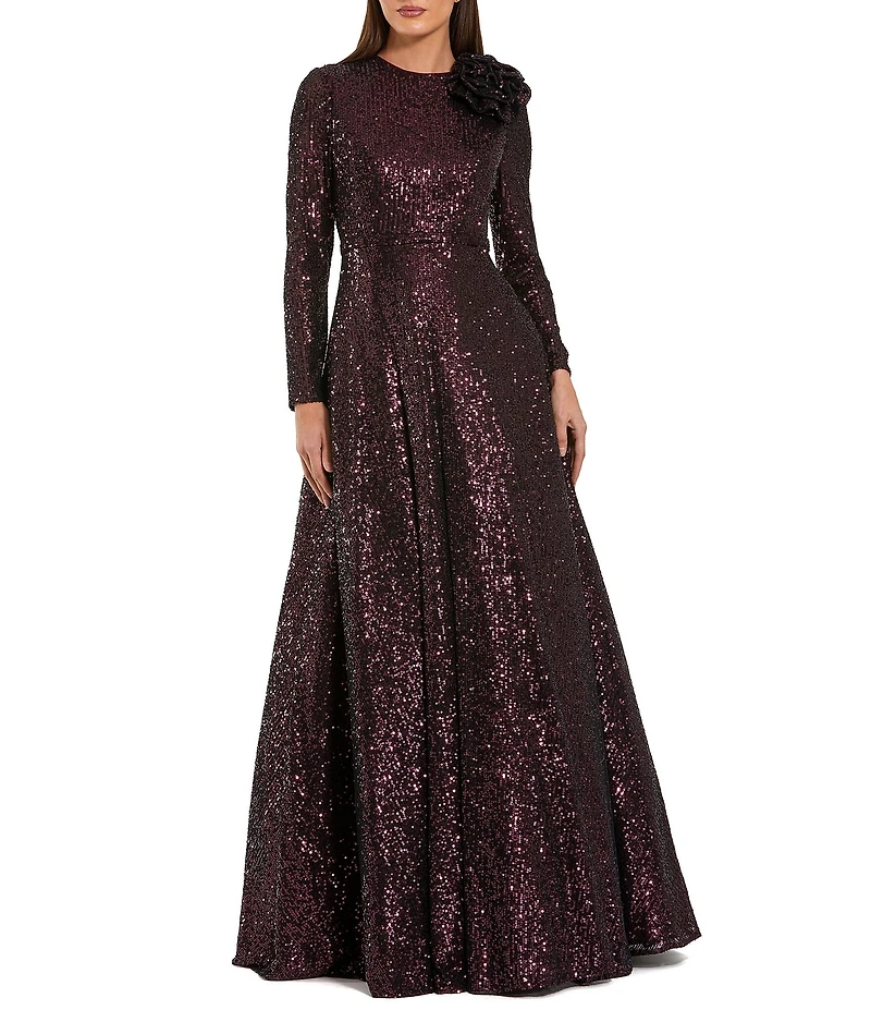 Mac Duggal Long Sleeve Sequin With 3D Flower Ballgown