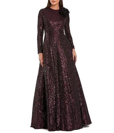 Mac Duggal Long Sleeve Sequin With 3D Flower Ballgown