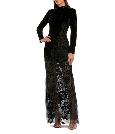 Mac Duggal Long Sleeve Sheer Floral Embellished Velvet Gown