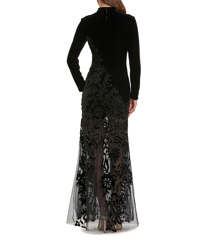 Mac Duggal Long Sleeve Sheer Floral Embellished Velvet Gown