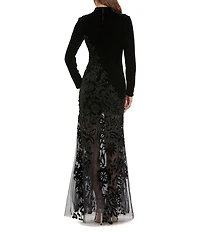Mac Duggal Long Sleeve Sheer Floral Embellished Velvet Gown