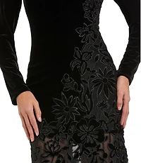 Mac Duggal Long Sleeve Sheer Floral Embellished Velvet Gown