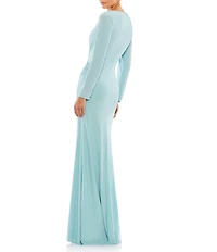Mac Duggal Long Sleeve Surplice V-Neck Column Faux Wrap Gown