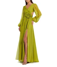Mac Duggal Long Sleeve V Neck Chiffon Long Gown With 3D Flower Applique