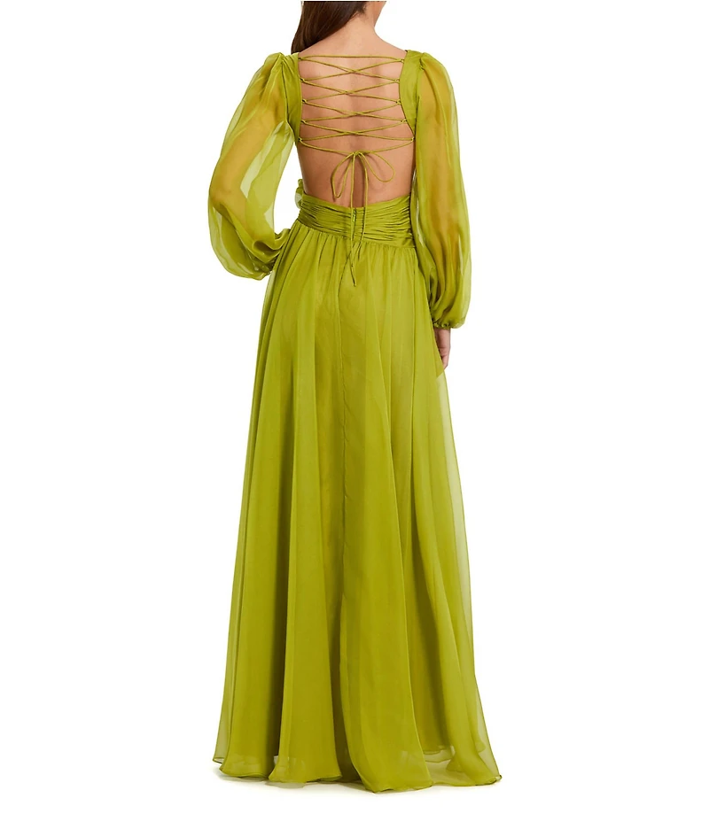 Mac Duggal Long Sleeve V Neck Chiffon Long Gown With 3D Flower Applique