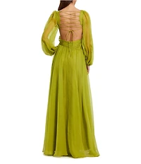 Mac Duggal Long Sleeve V Neck Chiffon Long Gown With 3D Flower Applique