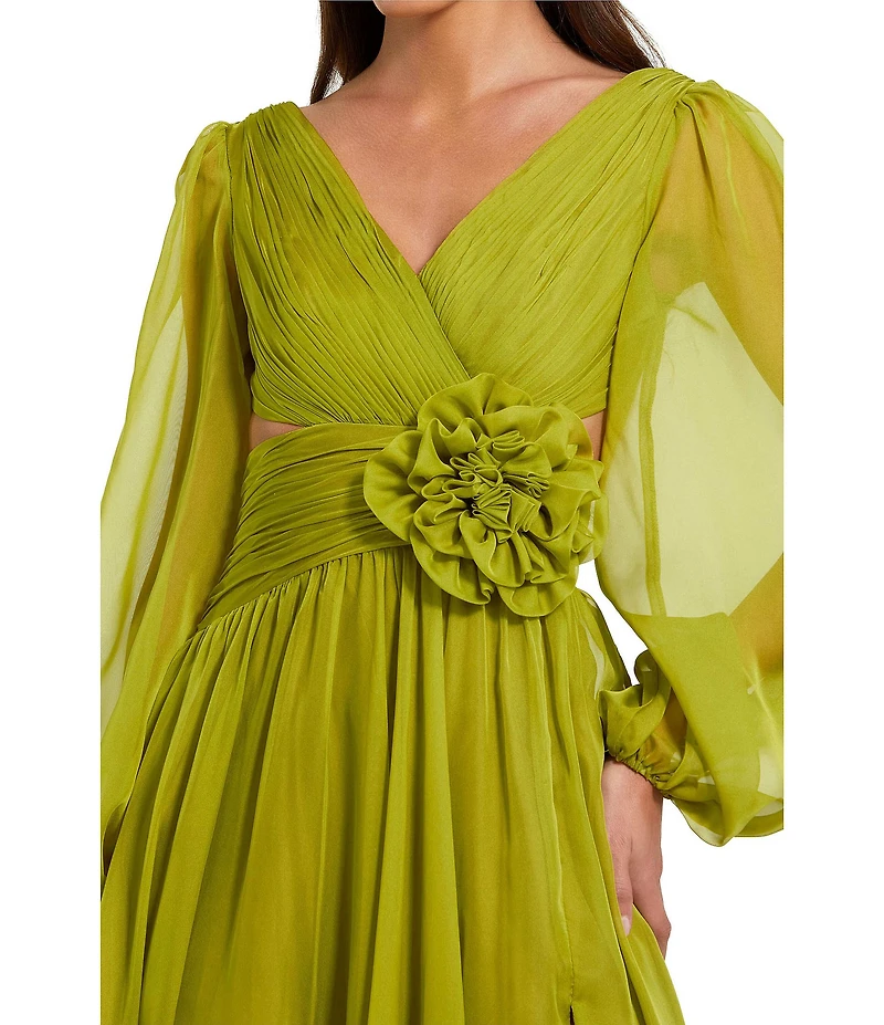 Mac Duggal Long Sleeve V Neck Chiffon Long Gown With 3D Flower Applique
