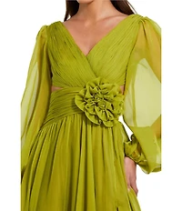 Mac Duggal Long Sleeve V Neck Chiffon Long Gown With 3D Flower Applique