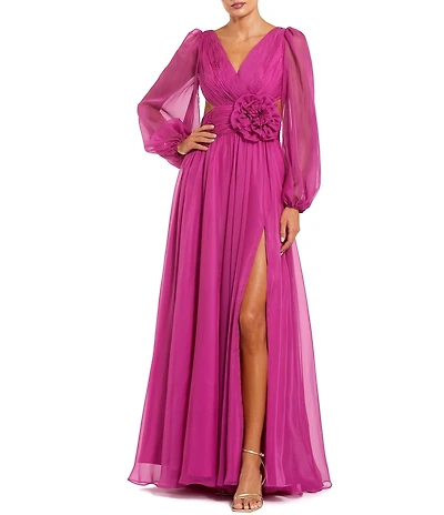 Mac Duggal Long Sleeve V Neck Chiffon Long Gown With 3D Flower Applique