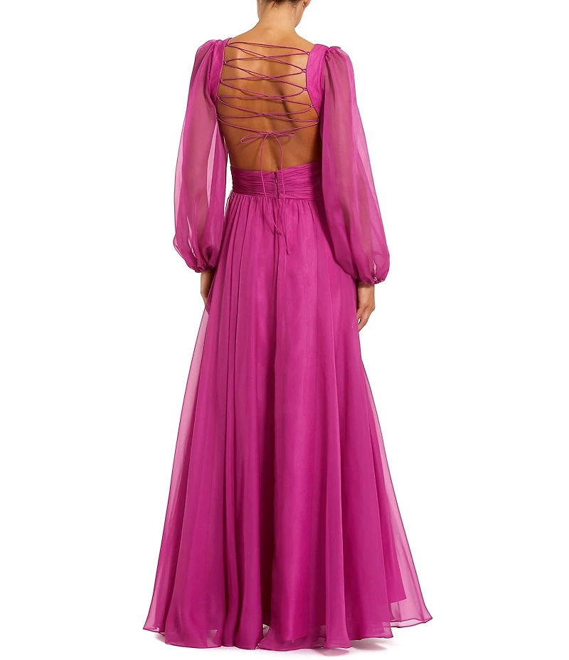 Mac Duggal Long Sleeve V Neck Chiffon Long Gown With 3D Flower Applique