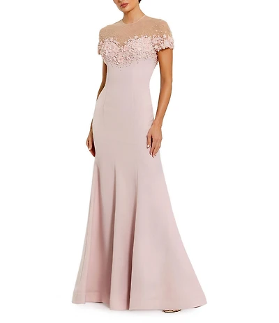 Mac Duggal Mermaid Crepe Gown With Beaded Illusion Neck