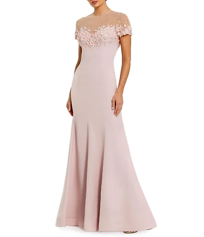 Mac Duggal Mermaid Crepe Beaded Illusion Neck Gown