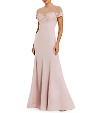 Mac Duggal Mermaid Crepe Beaded Illusion Neck Gown