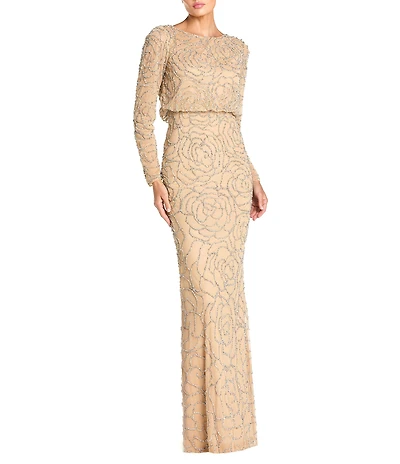 Mac Duggal Mesh All Over Rose Bead Crew Neck Long Sleeve A-Line Gown