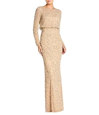 Mac Duggal Mesh All Over Rose Bead Crew Neck Long Sleeve A-Line Gown