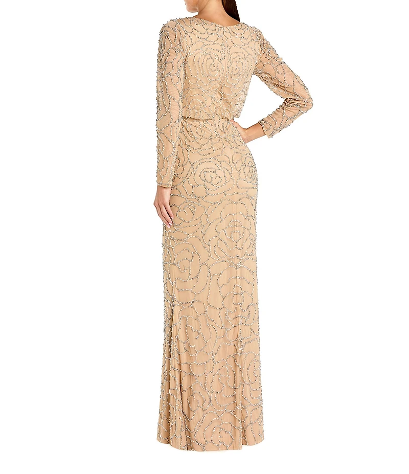 Mac Duggal Mesh All Over Rose Bead Crew Neck Long Sleeve A-Line Gown