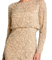 Mac Duggal Mesh All Over Rose Bead Crew Neck Long Sleeve A-Line Gown