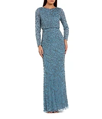 Mac Duggal Mesh All Over Rose Bead Crew Neck Long Sleeve A-Line Gown