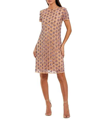 Mac Duggal Mesh Beaded Cap Sleeve A Line Above Knee Dress