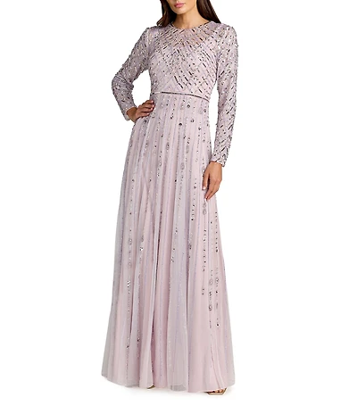 Mac Duggal Mesh Beaded Long Sleeve A Line Gown
