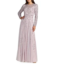 Mac Duggal Mesh Beaded Long Sleeve A Line Gown