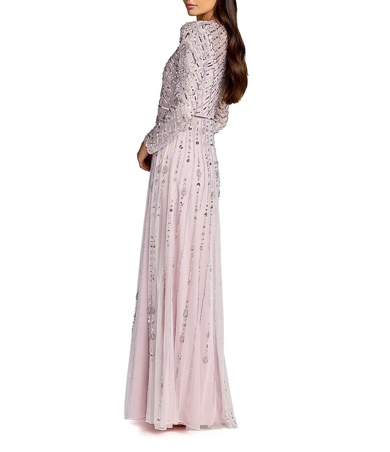 Mac Duggal Mesh Beaded Long Sleeve A Line Gown