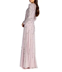 Mac Duggal Mesh Beaded Long Sleeve A Line Gown