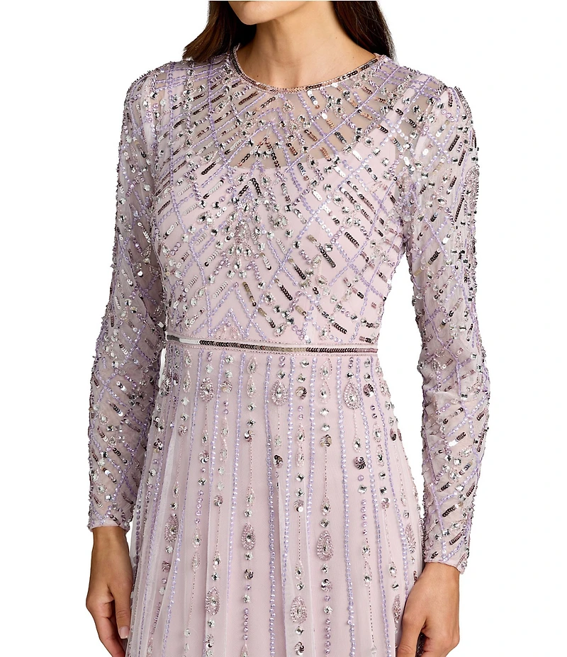 Mac Duggal Mesh Beaded Long Sleeve A Line Gown
