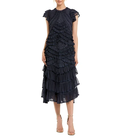 Mac Duggal Mesh Cap Sleeve Micro Ruffle Midi Dress