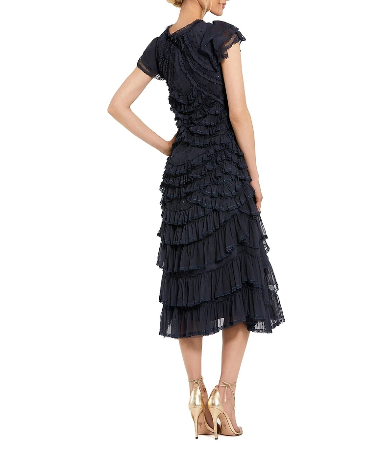 Mac Duggal Mesh Cap Sleeve Micro Ruffle Midi Dress