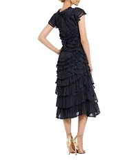 Mac Duggal Mesh Cap Sleeve Micro Ruffle Midi Dress