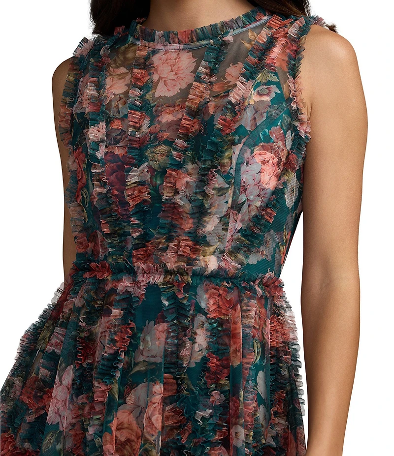 Mac Duggal Mesh Floral Print High Neck Sleeveless Micro Ruffle A-Line Mini Dress