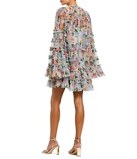 Mac Duggal Mesh Floral Print Mock Neck Long Sleeve Ruffle Shift Mini Dress