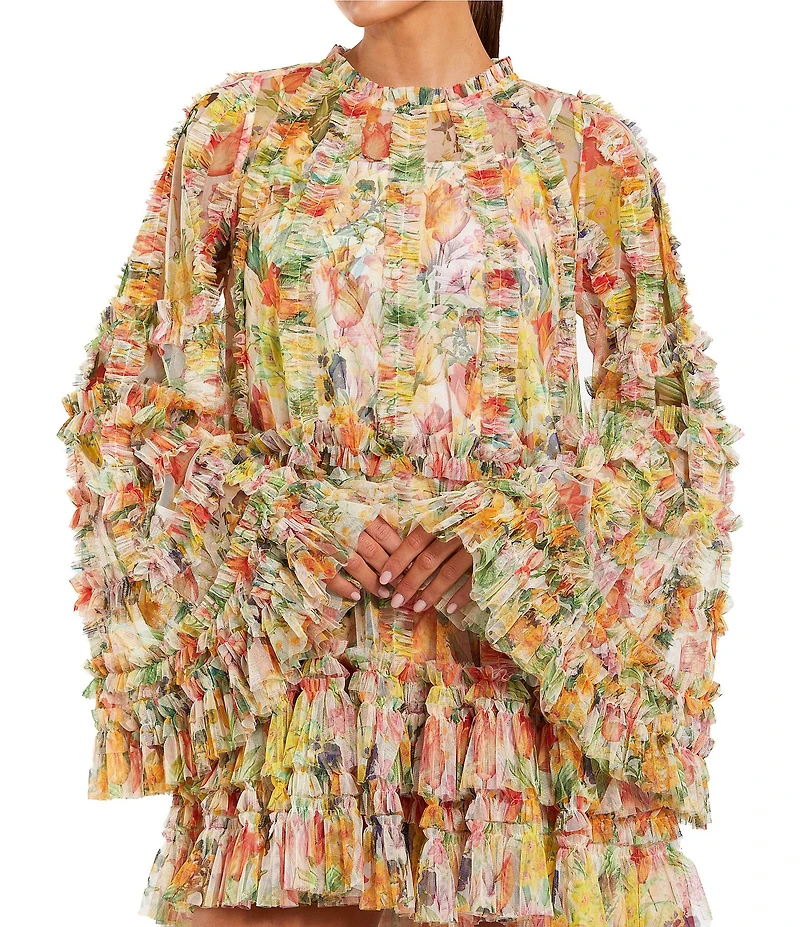 Mac Duggal Mesh Floral Print Mock Neck Long Sleeve Ruffle Shift Mini Dress