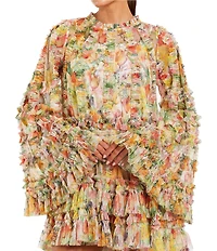 Mac Duggal Mesh Floral Print Mock Neck Long Sleeve Ruffle Shift Mini Dress