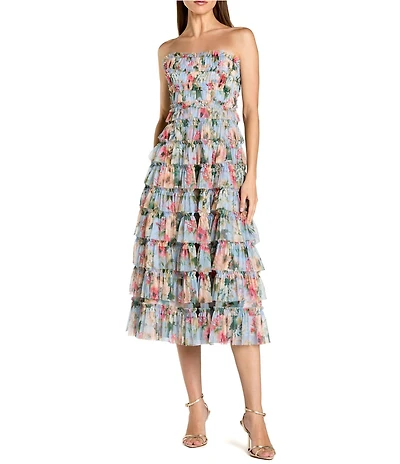 Mac Duggal Mesh Floral Print Strapless Neck Sleeveless Micro Ruffle A-Line Midi Dress