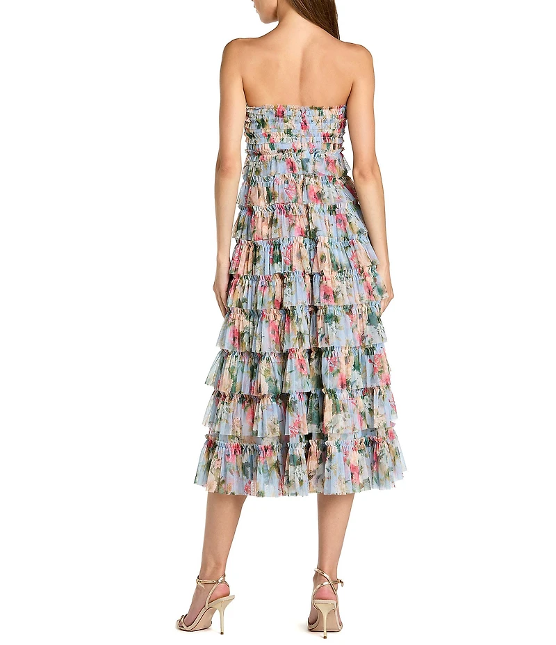 Mac Duggal Mesh Floral Print Strapless Neck Sleeveless Micro Ruffle A-Line Midi Dress
